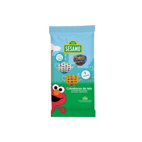 Cubreboca Biomsk para niño con Nanomolécula NBELYAX ® Termosellado Y Reutilizable (Plaza Sésamo empaque con 3 piezas)