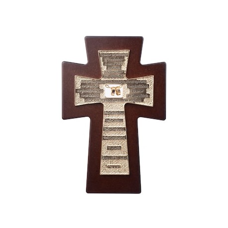 Crucifijo de madera para matrimonio con texto grabado y anillos en metal, chapado en oro