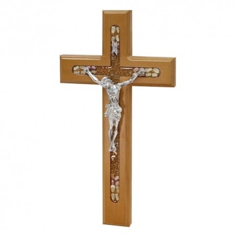 Crucifijo de la abundancia de metal y madera con semillas, trigo, friijol y maiz, en color natural, con chapa de plata