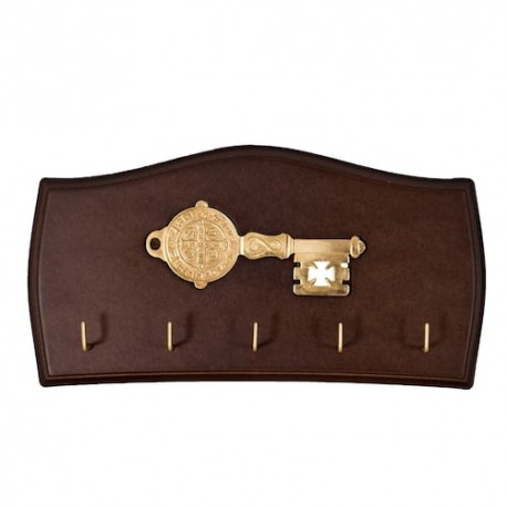 Porta llaves de san benito, fabricado de madera de pino y chapado en oro, medidas de 26.5x13.6 cm