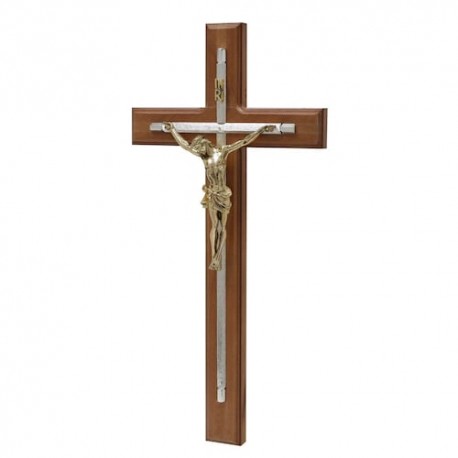 Crucifijo num 22 combinado exagonal rayado, hecho con madera de pino y metal con chapa de oro y plata, medidas de 45x22cm