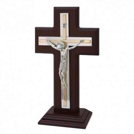 Crucifijo tamaño  25 con Cruz y base en madera de pino y baño de oro y plata