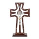 Cruz de madera de pino resacada con medalla de san benito y baño de plata y cristales swarovsky incrustados