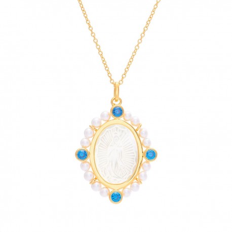 Medalla Virgen de Guadalupe madre perla con perlas y circonias azules