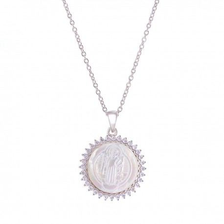 Medalla San Benito madre perla marco de circonias plata
