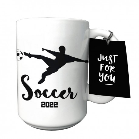 Taza de cerámica con diseño de jugador de soccer 2022 blanco con negro
