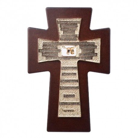 Crucifijo de madera para matrimonio con texto grabado y anillos en metal, chapado en oro